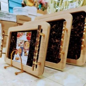 طقم 3 صواني شاي خشبية بأيدي ذهبية